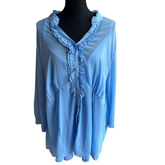 Lane Bryant Women's Light Blue Button Front Ruffle Gauze Blouse Size 26/28 - Picture 1 of 12
